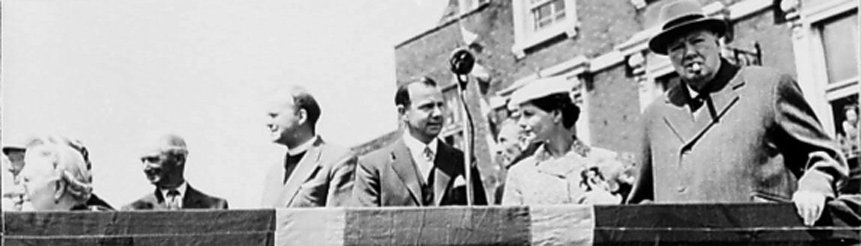 Lady CHURCHILL - Unidentified - REV. PAT KIRWIN - Dr AIDAN LONG - HELEN LONG (née Vlasto) - Sir WINSTON CHURCHILL Westerham Carnival (early 1950s).jpg